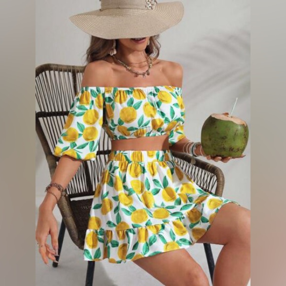 Lemon Print Off-Shoulder Skirt Set